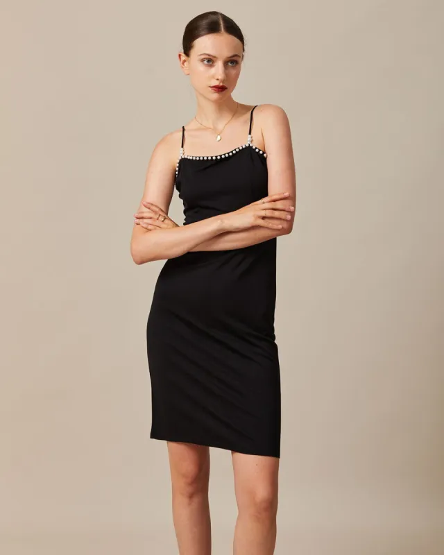 The Black High Waisted Pearl Strap Midi Dress sold by rihoas