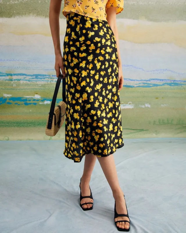 The Black High Waisted Floral Satin Midi Skirt sold by rihoas