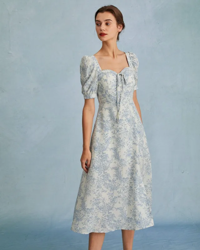 The Blue Sweetheart Neck Puff Sleeve Floral Midi Dress sold by rihoas