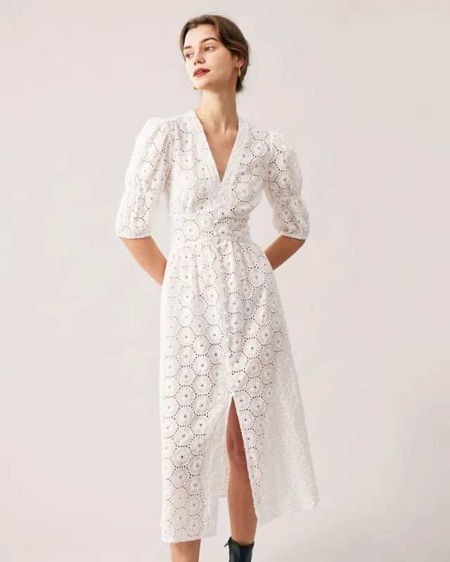 The White Puff Sleeve Cutout Slit Maxi Dress sold by rihoas