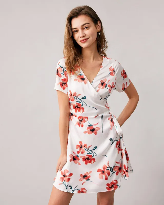 The V Neck Floral Short Sleeve Wrap Mini Dress sold by rihoas