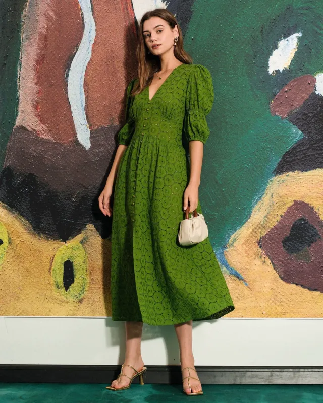 The Puff Sleeve Cutout Slit Maxi Dress sold by rihoas