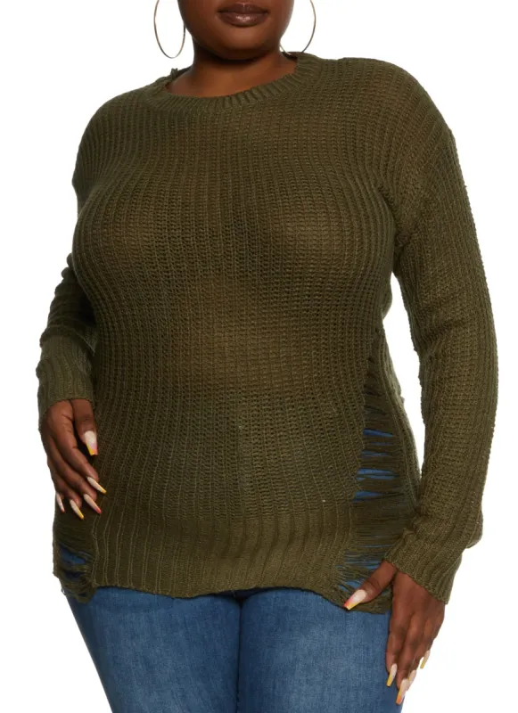 Plus Size Distressed Knit High Low Sweater sold by Rainbow