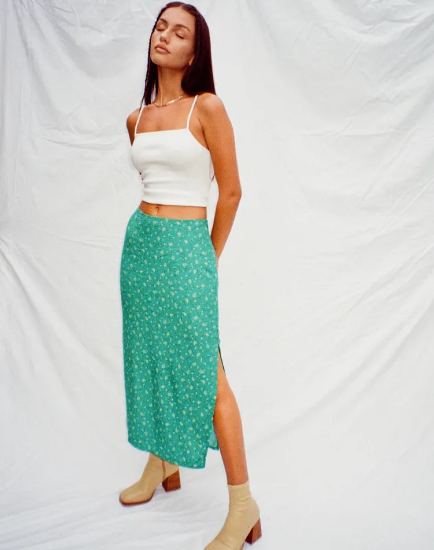 Kindra Midi Skirt in Paisley Fun Green sold by Motel Rocks