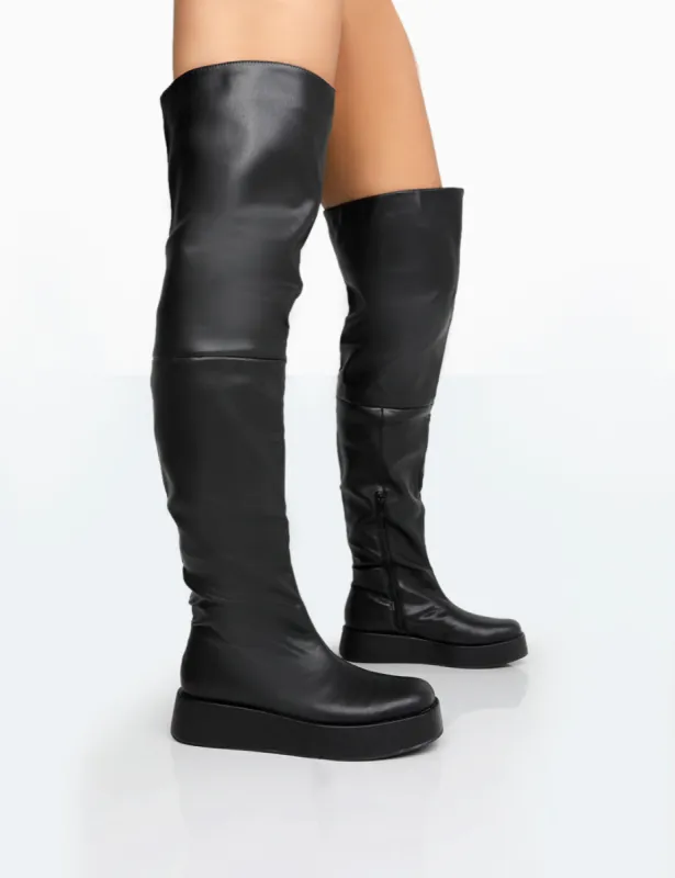 Erica Wide Fit Black Pu Chunky Platform Over The Knee Boots sold by Public Desire