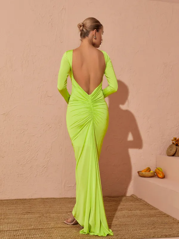 Verena Long Sleeve Backless Maxi Dress In Green sold by Mew Mews