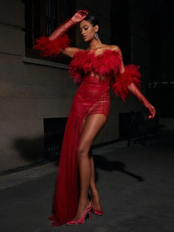 Satine Spaghetti Tulle Maxi Dress With Gloves sold by Mew Mews