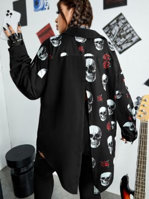 ROMWE PUNK Plus Skull Print Drop Shoulder Shirt sold by SHEIN