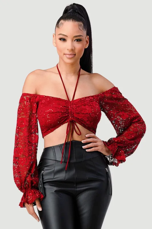SEXY OFF SHOULDER FRONT SHIRRING HALTER TOP sold by privy