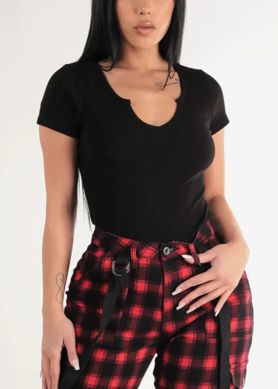 Black Short Sleeve Notched Ribbed Top sold by Moda