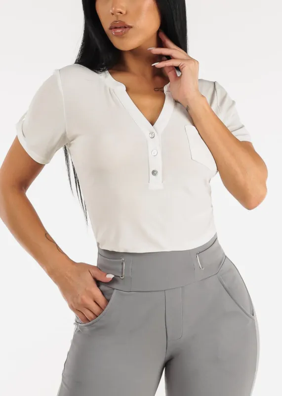 Short Sleeve Half Button Up Blouse Ivory sold by Moda