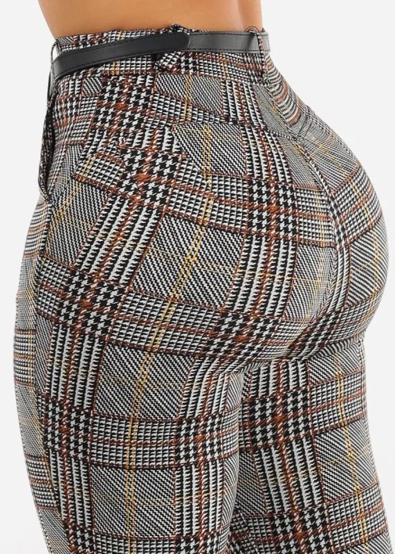 High Waisted Butt Lifting Plaid Skinny Pants w Belt sold by Moda