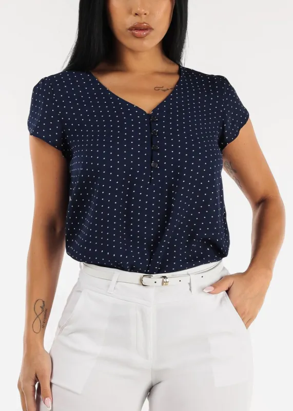 Short Sleeve Polka Dot Chiffon Blouse Navy sold by Moda