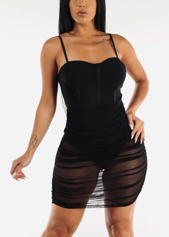 Bustier Ruched Sheer Mesh Black Bodycon Dress sold by Moda