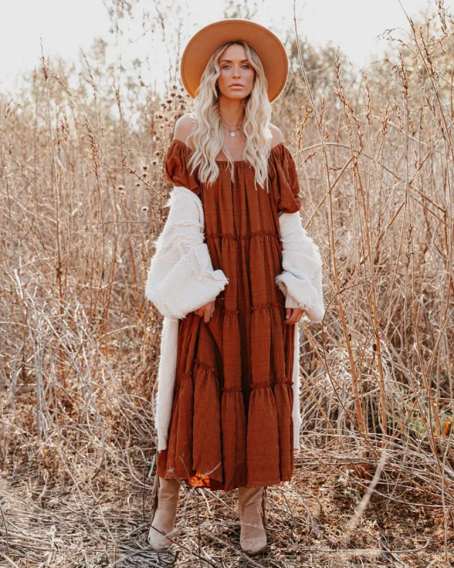 Russet Puff Sleeve Tiered Midi Dress - Rust - FINAL SALE sold by Vici