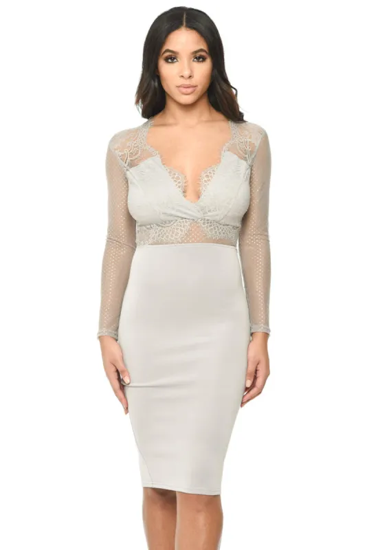 Long Sleeved Grey Bodycon With Lace Detail sold by AX Paris