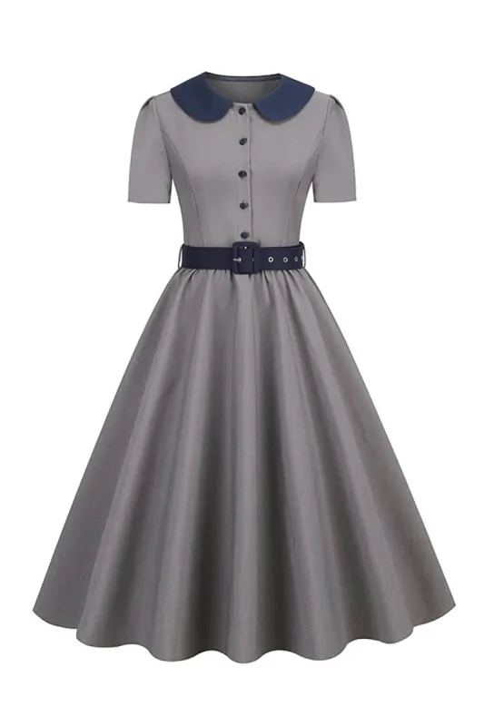 Zapaka Peter Pan Collar Grey 1950s Dress with Belt | Parallel
