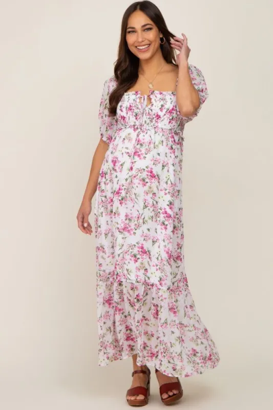Pink Floral Chiffon Smocked Front Tie Maternity Maxi Dress sold by Pinkblush