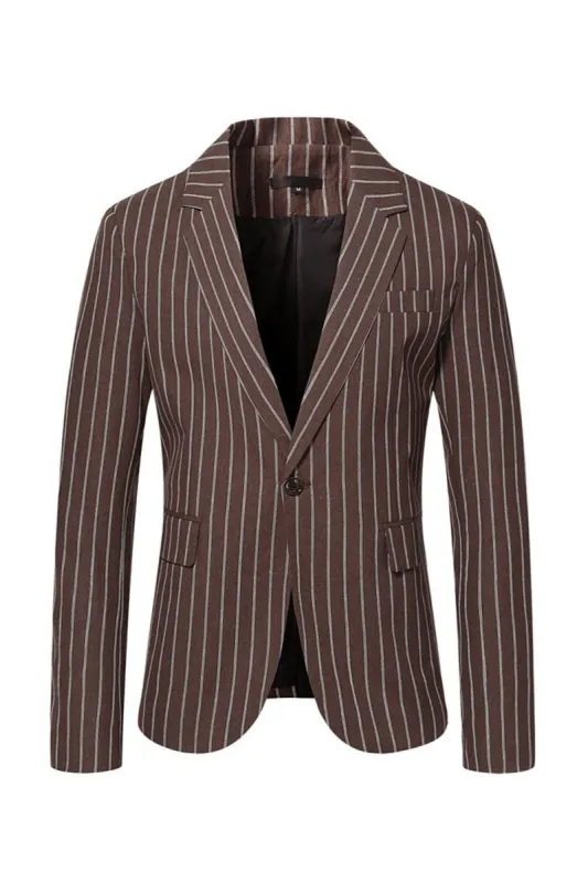 Coffee Pinstriped One Button Notched Lapel Men‘s Blazer sold by Zapaka