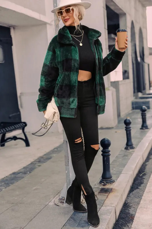 Green Plaid Zipper Fuzzy Jacket Winter Coat sold by Zapaka