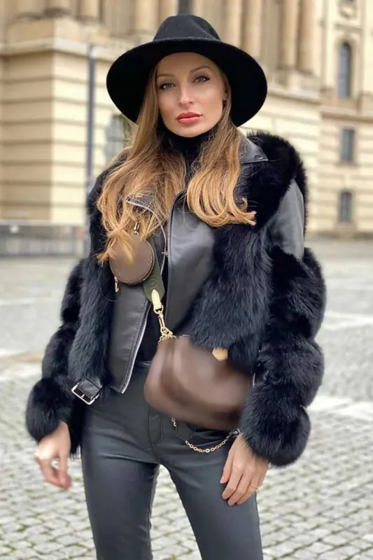 Black Cropped Zipper Leather Faux Fur Jacket sold by Zapaka