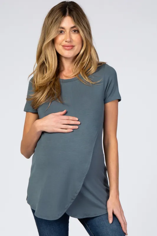 Dark Teal Layered Wrap Front Maternity Nursing Top sold by Pinkblush