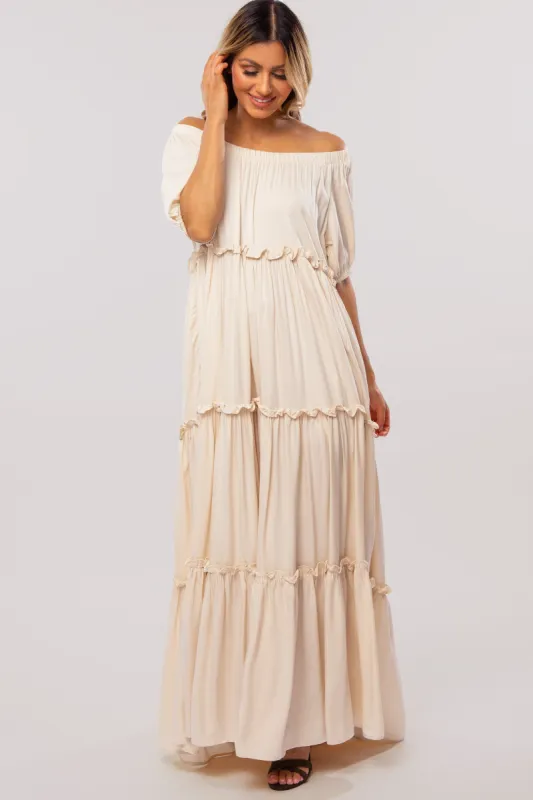 Cream Off Shoulder Ruffle Tiered Maxi Dress sold by Pinkblush