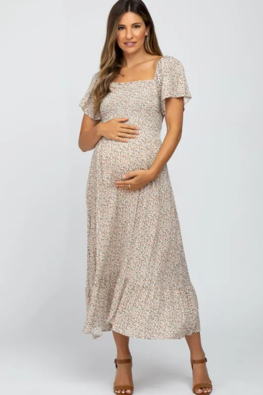 Ivory Floral Smocked Maternity Maxi Dress sold by Pinkblush