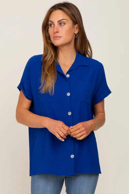 Royal Blue Collared Button-Down Short Sleeve Blouse sold by Pinkblush