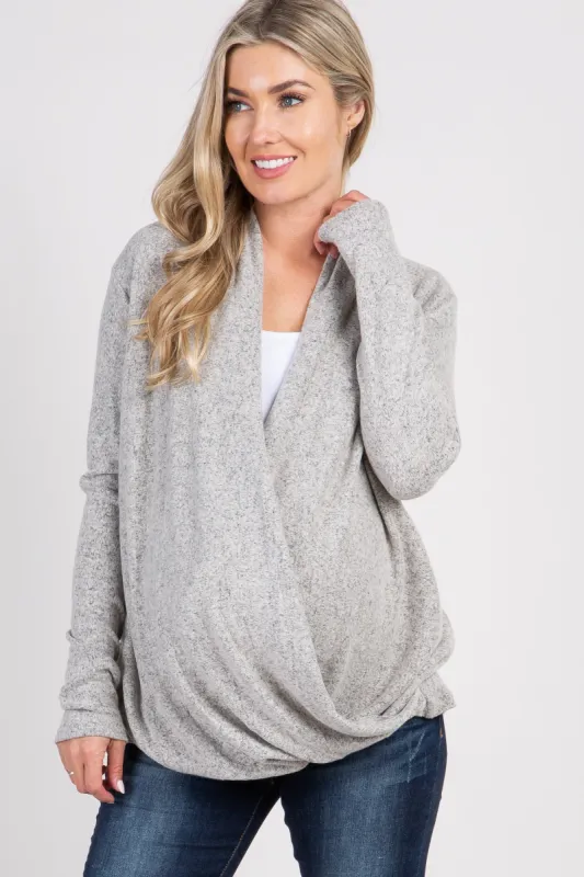 PinkBlush Beige Knit Draped Wrap V-Neck Maternity Nursing Top sold by Pinkblush