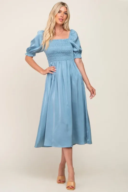 Blue Satin Puff Sleeve Midi Dress sold by Pinkblush