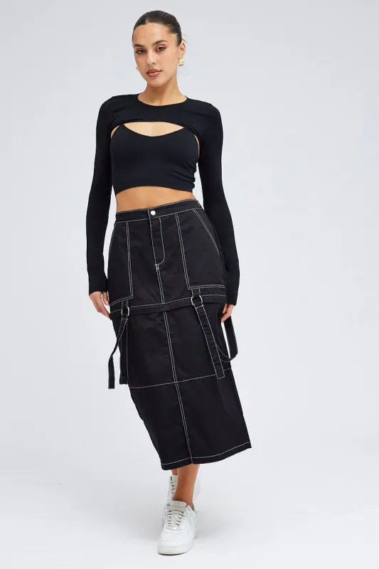 Black Cargo Skirt High Rise Elastic Two-way Midi Mini sold by Ally Fashion