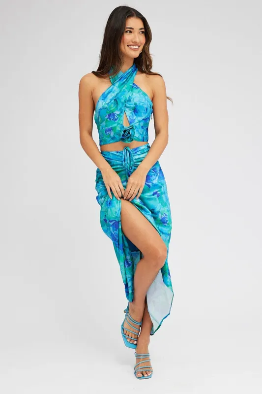 Blue Floral Maxi Skirt Satin Low Rise Draw String sold by Ally Fashion