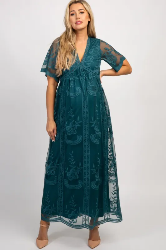 Dark Turquoise Lace Mesh Overlay Maternity Maxi Dress sold by Pinkblush