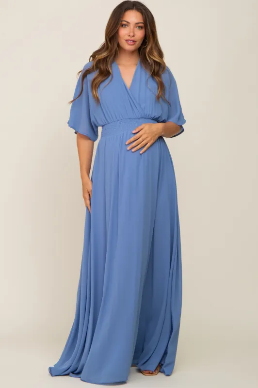 Blue Chiffon V-Neck Smocked Waist Maternity Maxi Dress sold by Pinkblush