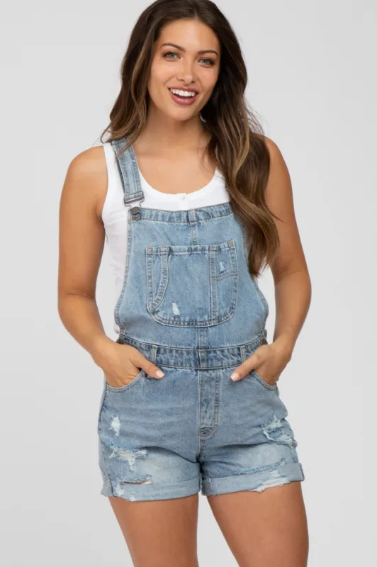 Blue Distressed Maternity Denim Short Overalls sold by Pinkblush