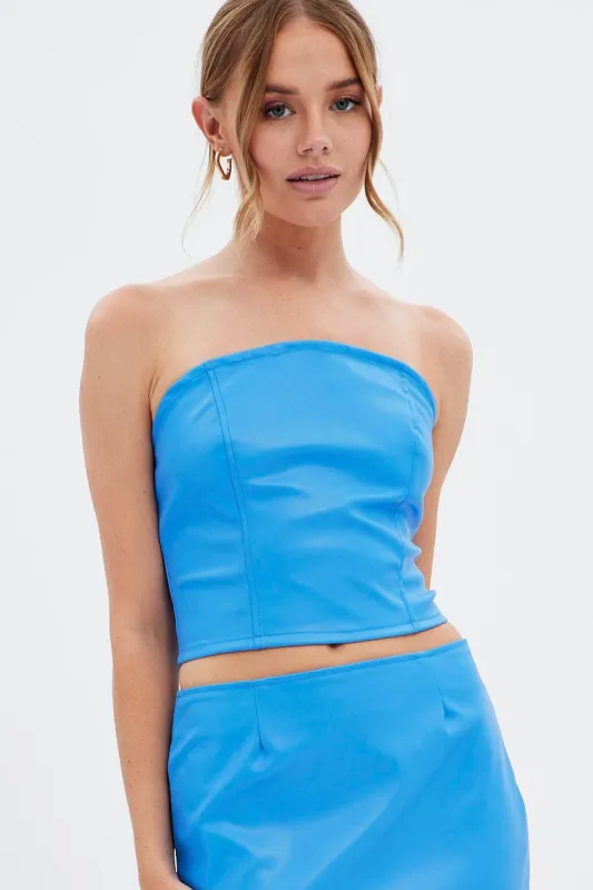 Blue Faux Leather Corset Sleeveless Strapless Bandeau sold by Ally Fashion