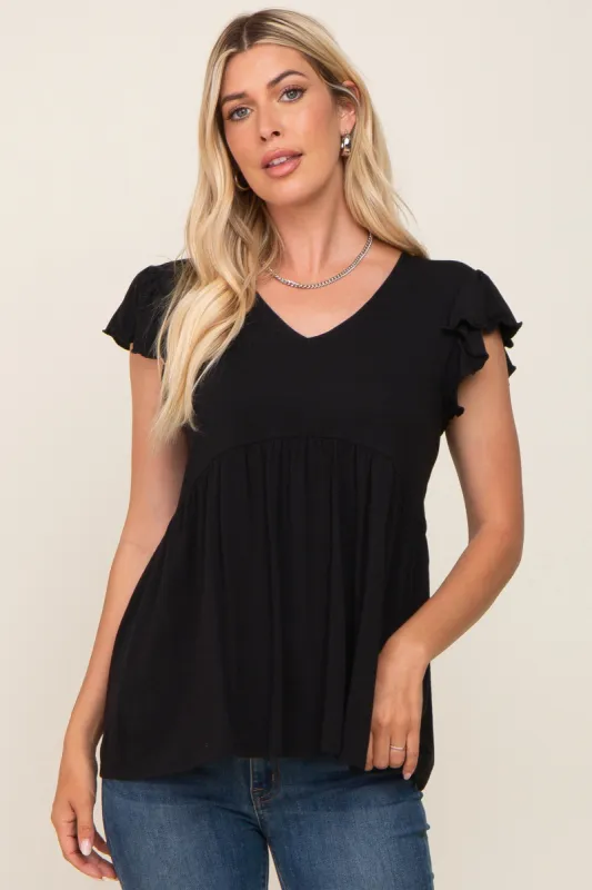 Black Flutter Sleeve V-Neck Top sold by Pinkblush
