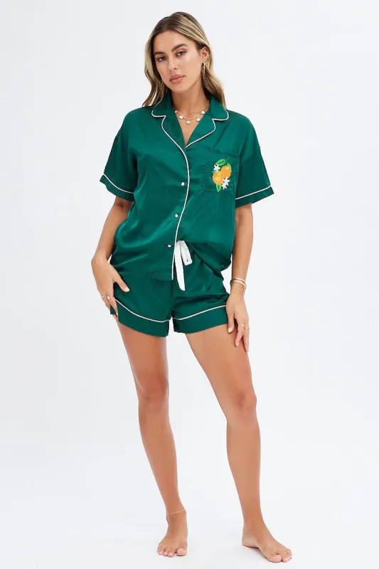 Green Satin Pj Contrast Piping Button Through Pyjama Set sold by Ally Fashion