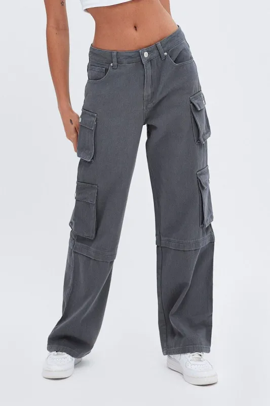 Grey Cargo Denim Jeans High Rise sold by Ally Fashion