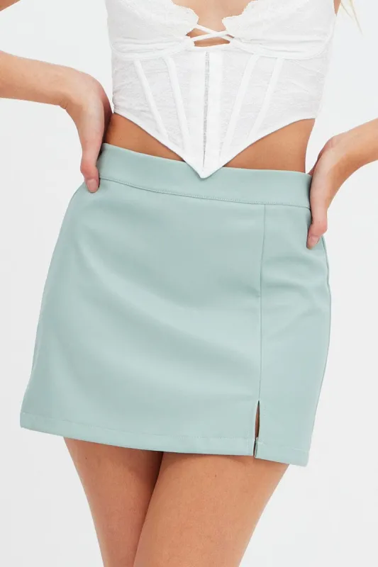 Green Mini Skirt High Rise Faux Leather sold by Ally Fashion