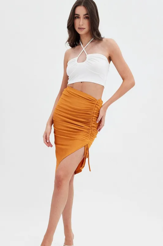 Beige Ruched Midi Skirt sold by Ally Fashion