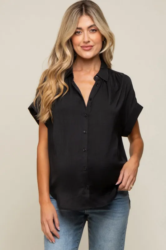Black Satin Button Front Collared Short Sleeve Maternity Top sold by Pinkblush
