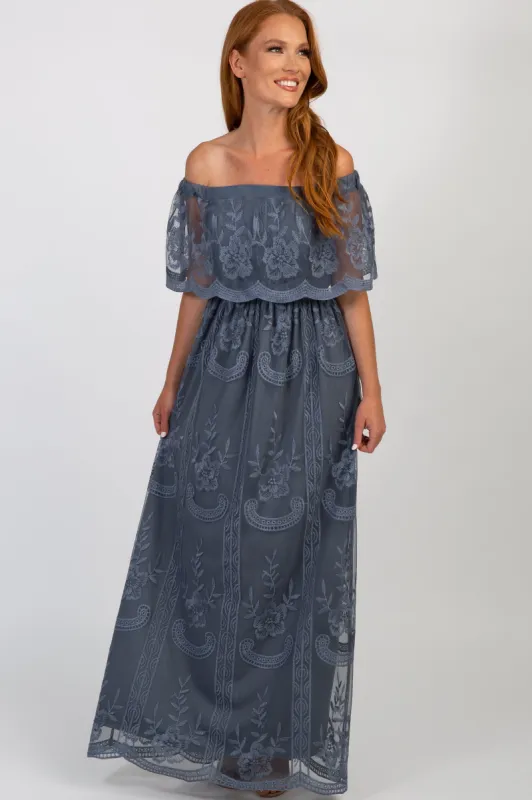Blue Lace Mesh Overlay Off Shoulder Maxi Dress sold by Pinkblush