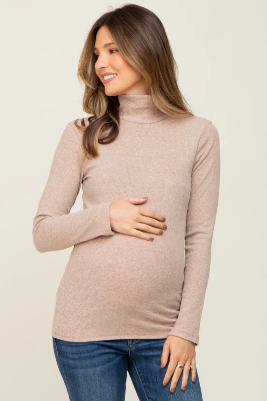 Mocha Heathered Ribbed Mock Neck Long Sleeve Maternity Top sold by Pinkblush