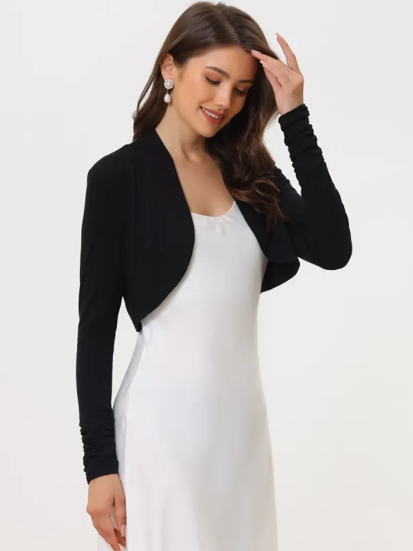 Ruched Long Sleeve Open Front Knit Cropped Bolero Shrug sold by Allegra K