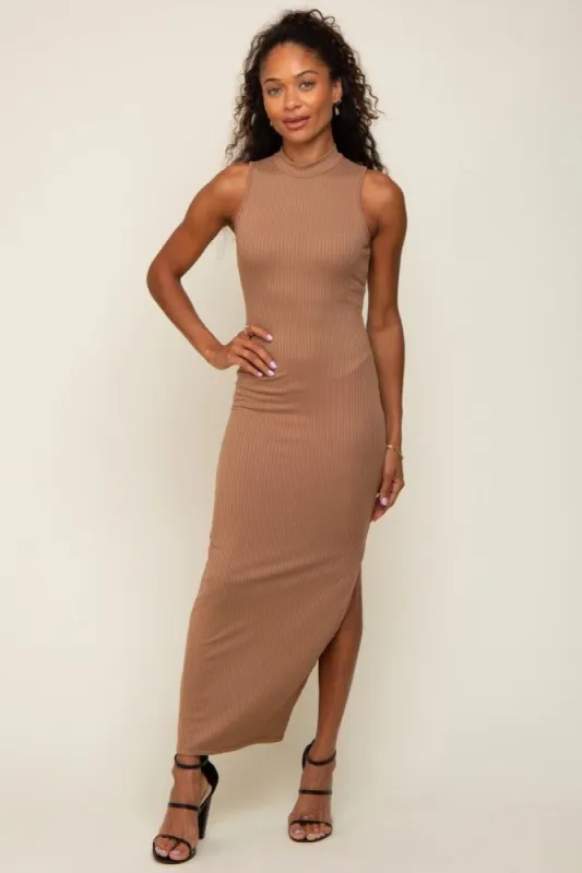 Taupe Ribbed Mock Neck Side Slit Maxi Dress sold by Pinkblush