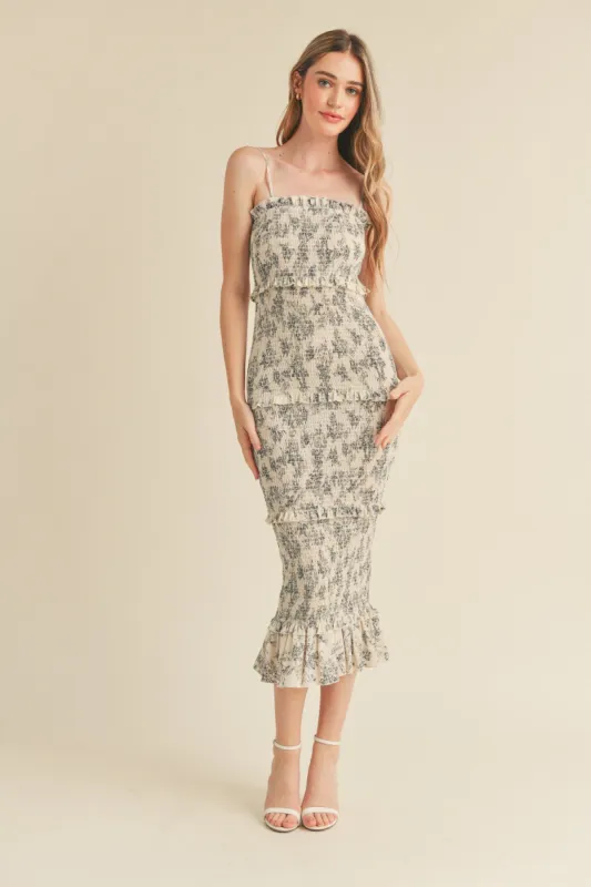Cream Floral Smocked Fitted Midi Dress sold by Pinkblush