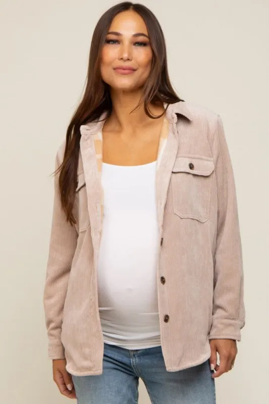 Beige Corduroy Plaid Fleece Lined Button Down Maternity Shacket sold by Pinkblush