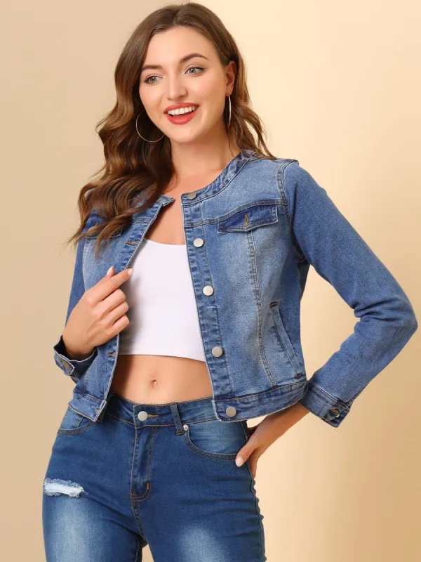 Casual Button Down Collarless Long Sleeve Denim Jacket sold by Allegra K